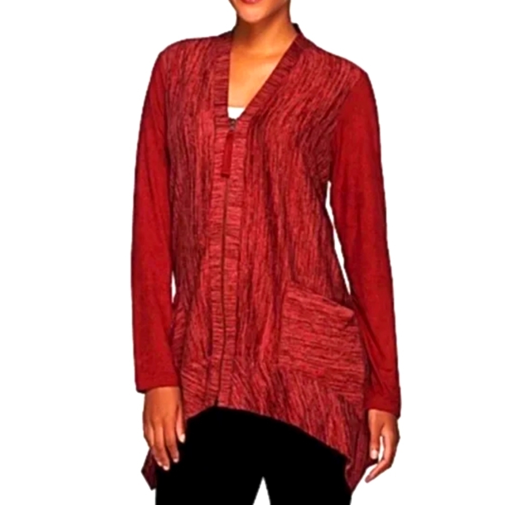 LOGO by Lori Goldstein Red Asymmetric Faux Suede Sleeve Zip up Cardigan MEDIUM